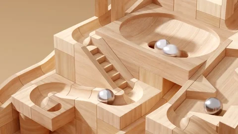 Wooden marble run machine. Rolling ball sculpture. Marble race toy. Stock Footage 256041185