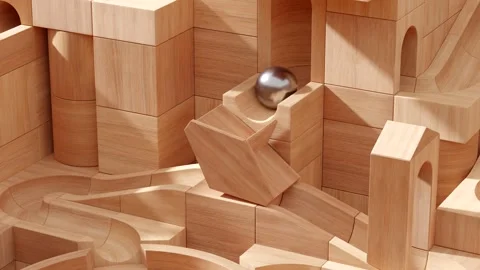 Wooden marble run machine. Rolling ball sculpture. Marble race toy. Stock Footage 256041202