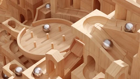 Wooden marble run machine. Rolling ball sculpture. Marble race toy. Stock Footage 256041205