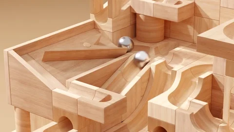 Wooden marble run machine. Rolling ball sculpture. Marble race toy. Stock Footage 256041208