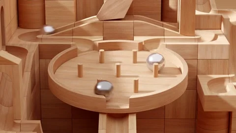 Wooden marble run machine. Rolling ball sculpture. Marble race toy. Stock Footage 256041212