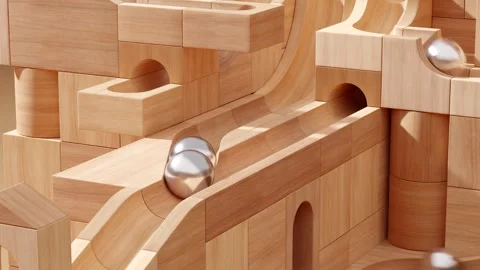 Wooden marble run machine. Rolling ball sculpture. Marble race toy. Stock Footage 256041222
