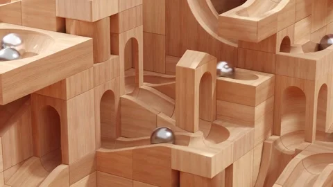 Wooden marble run machine. Rolling ball sculpture. Marble race toy. Stock Footage 256041346