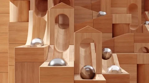 Wooden marble run machine. Rolling ball sculpture. Marble race toy. Stock Footage 256041396