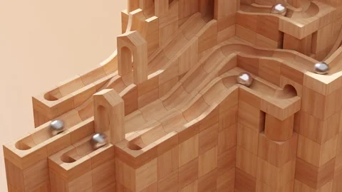 Wooden marble run machine. Rolling ball sculpture. Marble race toy. Stock Footage 256041397