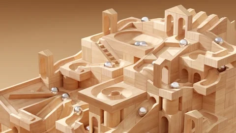 Wooden marble run machine. Rolling ball sculpture. Marble race toy. Stock Footage 256041617