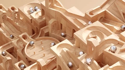 Wooden marble run machine. Rolling ball sculpture. Marble race toy. Stock Footage 256041724