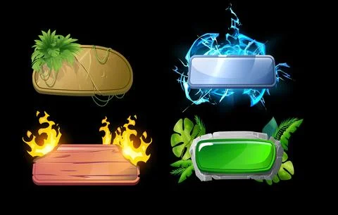 Wooden, metal, stone frames set for interface ui ux game, rank board decorated Illustrazione stock
