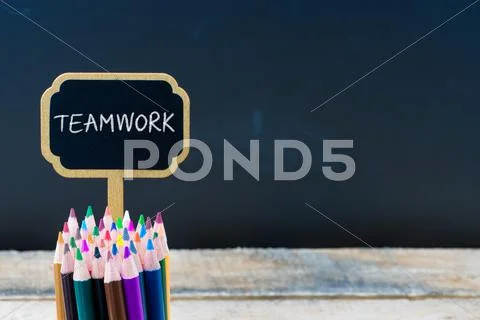 Wooden mini blackboard label with message TEAMWORK Stock Photos