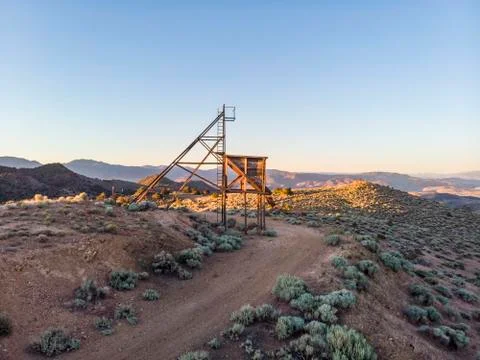 Wooden mining structure head frame on claim in the Nevada desert Stock Photos
