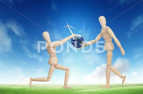 Wooden model with earth for eco concept Stock Illustration