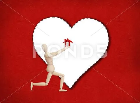 Wooden model handing over love gift to friend on valentine day Stock Illustration