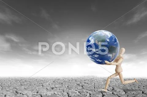 Wooden model running with planet on the hand for eco and environmental concep Stock Illustration