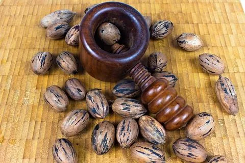 Wooden Nut Cracker with While Pecan Stock Photos