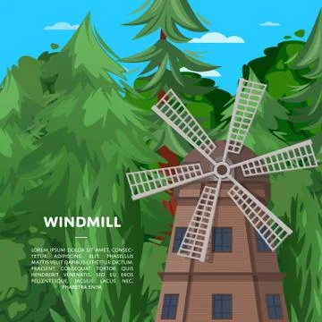 Wooden old windmill on deep forest background Stock Illustration