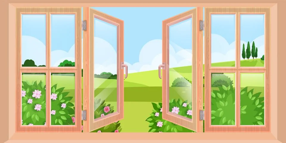 Wooden opened spring window vector landscape view from house, nature Illustrazione stock