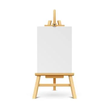 Wooden paint board with white empty paper frame. Art easel stand with canvas Illustrazione stock