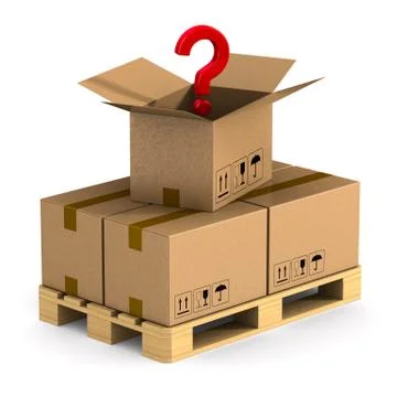 Wooden pallet with cargo box on and question white background. Isolated 3D il 스톡 일러스트