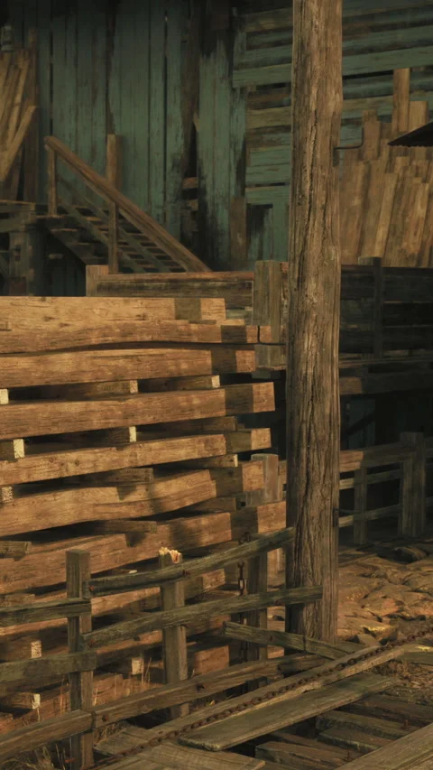 Wooden pallets and a structure in an old warehouse during the day Stock Footage 341981950