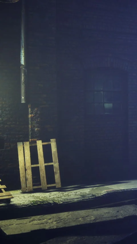 Wooden pallets lean against a brick wall in a dimly lit alleyway at night Stock Footage 333564978