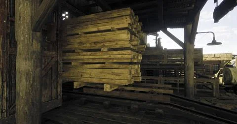 Wooden pallets stacked inside a rustic warehouse near a loading dock Stock Illustration