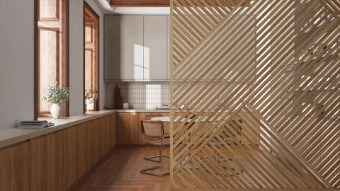 Wooden panel close-up, modern japandi kitchen with dining table, parquet fl.. Stock Illustration