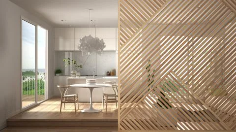 Wooden panel close-up, modern kitchen with big window, parquet floor. Minimal Stock Illustration