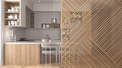 Wooden panel close-up, modern kitchen with dining table and armchairs, parque Stock Illustration