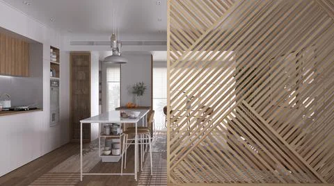 Wooden panel close-up, modern kitchen with dining table and armchairs, parque Stock Illustration