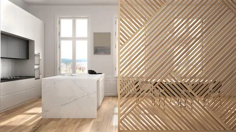 Wooden panel close-up, modern white kitchen with island and dining table, par Stock Illustration