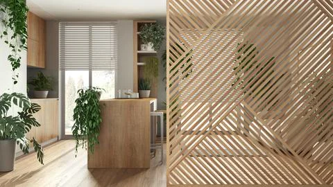 Wooden panel close-up, over minimal white kitchen kitchen and living room w.. Ilustração Stock