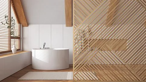 Wooden panel close-up, white minimal bathroom with round bathtub. Zen inter.. Illustrazione stock