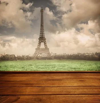 Wooden planks against eiffel tower Stock Photos