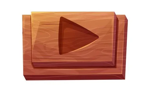 Wooden play button, interface start bar in comic cartoon style isolated on white Illustrazione stock
