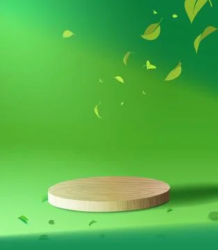 Wooden podium on green gradient background with flying leaves. Stock Illustration