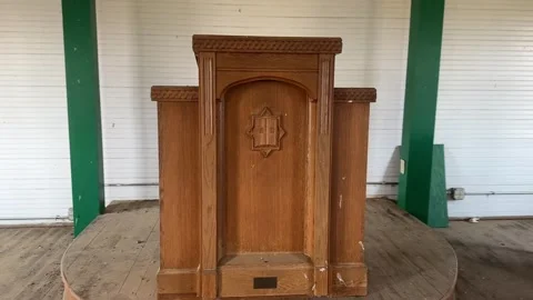 Wooden Podium on Stage Inside Old Rustic Abandoned Church Vidéo 343789946
