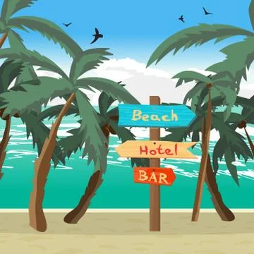 Wooden pointer among palm trees on the beach, the hotel, in the Stock Illustration