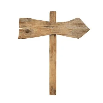 Wooden pointer with arrow-shaped board on white background Foto stock