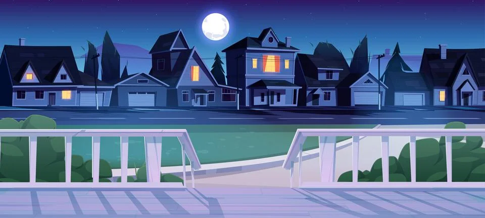 Wooden porch of house in suburb district at night Stock Illustration