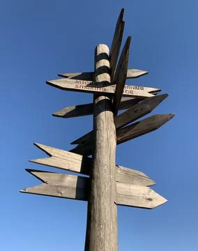 Wooden post with many pointers. There are different signs at the crossroads.  Foto stock