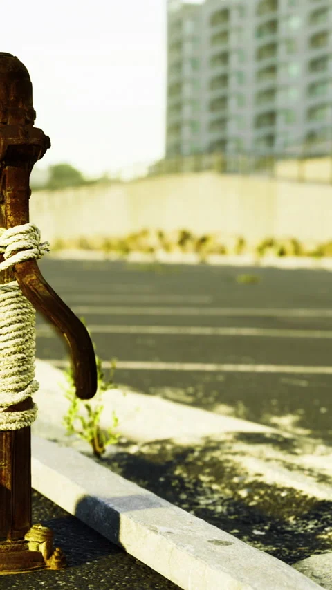 Wooden post tied with rope in empty parking lot near buildings at sunset Stock Footage 335969042