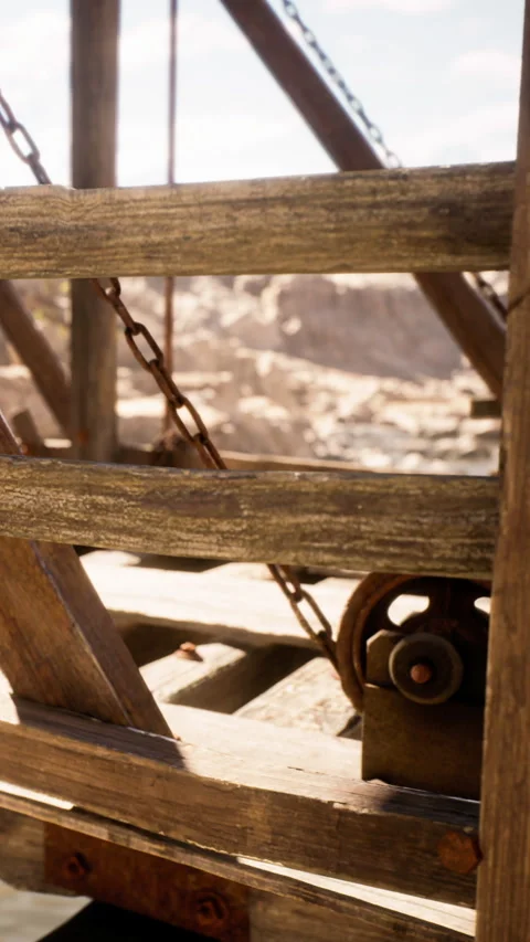 Wooden pulley system used in construction work at a remote location Stock Footage 341019748