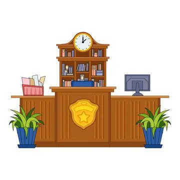 Wooden reception desk with computer and bookshelf displaying law enforcement Ilustración de archivo
