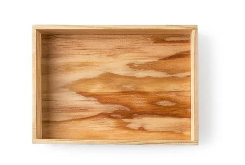 Wooden rectangular serving tray isolated on white background. Stock Photos