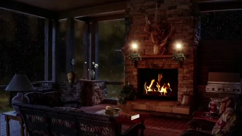 The wooden room with the atmosphere in the fireplace is very calm and peace Stock Footage