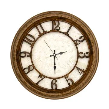 Wooden round analog wall clock isolated on white background, its half past tw Stock Photos