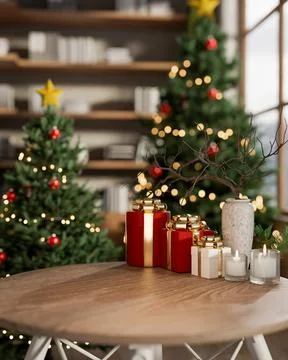 Wooden round table with present gift box and candles across Christmas trees.. Stock Illustration