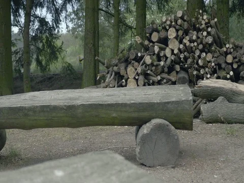 Wooden rustic camping bench in the camp. Stacked log in background. Vídeos de archivo 75649893