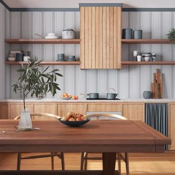 Wooden rustic kitchen and dining room in white and gray tones. Cabinets and.. Stock Illustration