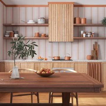 Wooden rustic kitchen and dining room in white and orange tones. Cabinets a.. Stock Illustration